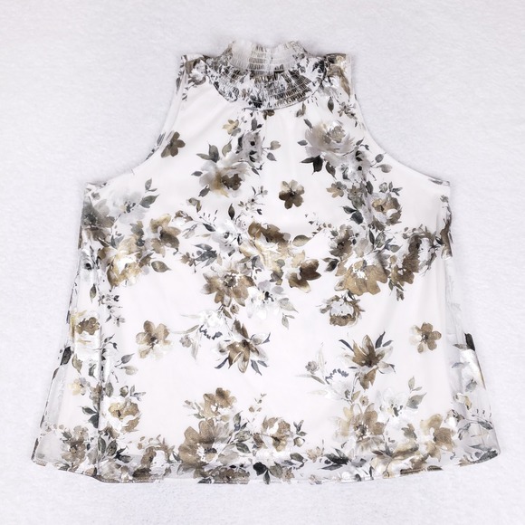Chenault Metallic Floral Mock Neck Sleeveless Blouse White Gold Silver XL - Picture 1 of 8